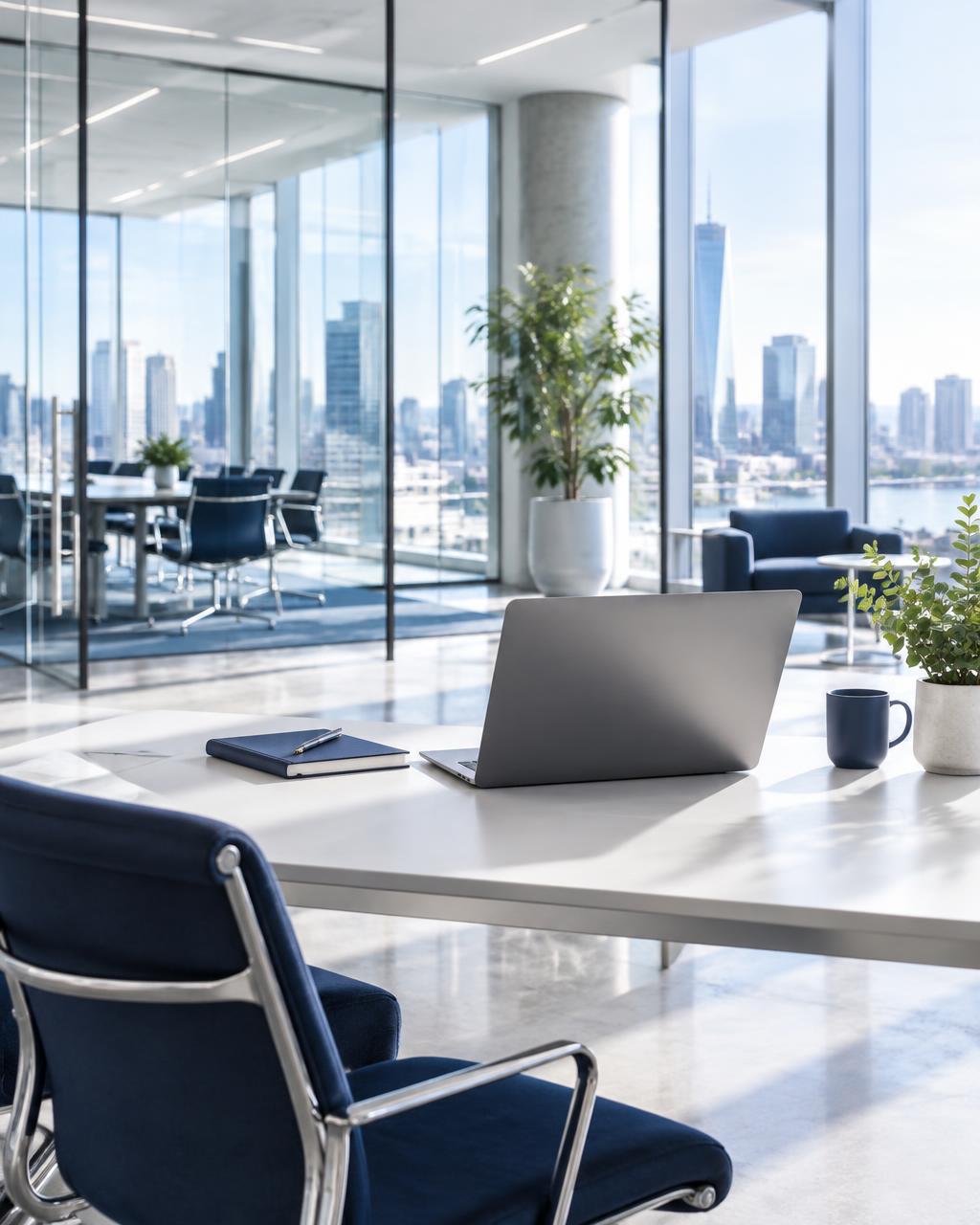 Bright modern workspace with laptop overlooking a city